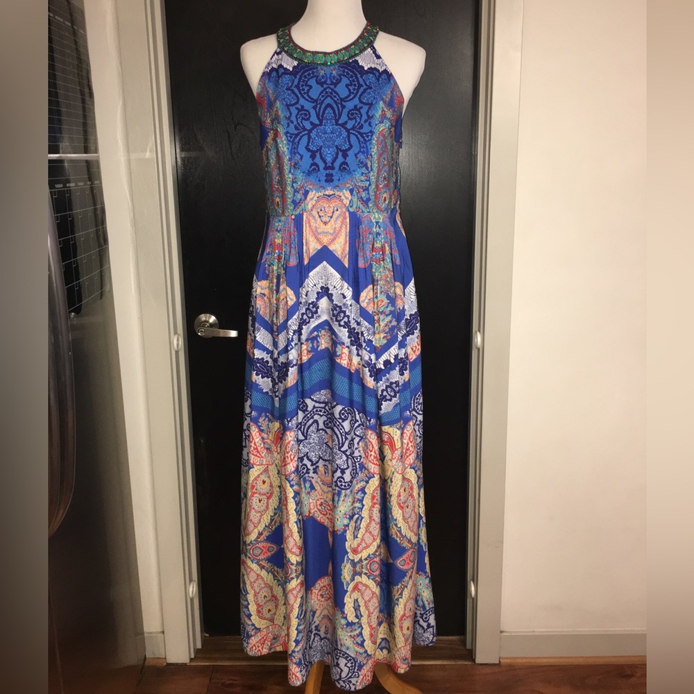 Anthropologie Ranna Gill Boteh Maxi Dress with Embellished Neckline - Size 10. - Picture 1 of 16